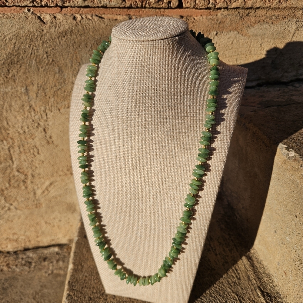 Green Crystal Gem Chip Gold Beaded Necklace Women's Jewelry Neutral Boho Earthy